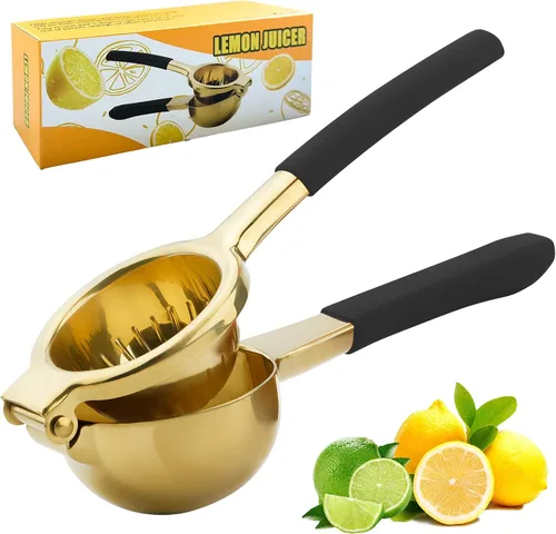 SHIKORI Exprimidor de limón resistente dorado y negro, exprimidor manual de acero inoxidable 304, 15% más de jugo, fácil de limpiar