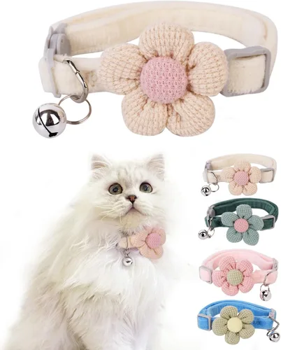 Collar de gato Breakaway con material de felpa suave y flor tejida a mano, collar de seguridad ajustable para piel sensible, collar decorativo