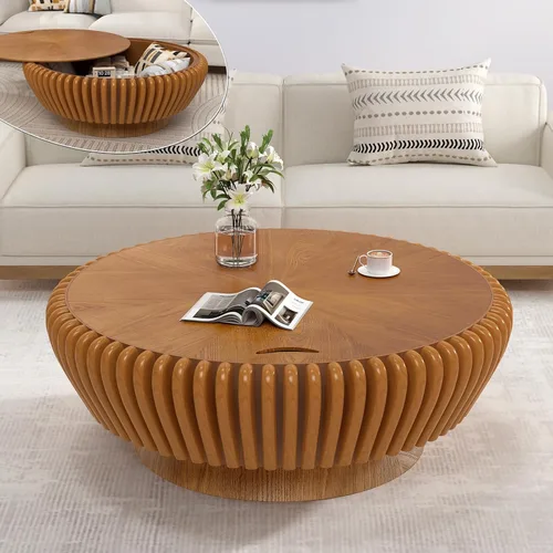 Miniatura 8 de JHKZUDG Mesa de centro redonda acanalada de 31.5 pulgadas, mesas de café de tambor de madera contemporánea, mesa auxiliar de mediados de siglo