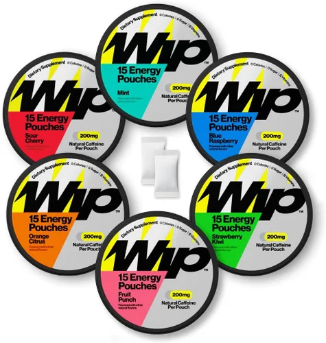 Miniatura 11 de Bolsas de energía Wip 200mg de cafeína natural Vitaminas y minerales Menta 15 bolsas por lata 3 latas