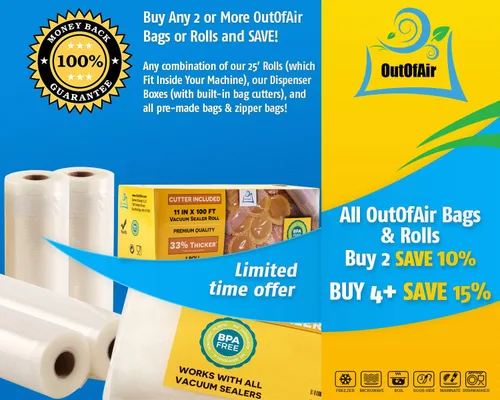 Miniatura 6 de OutOfAir Rollos de Bolsas Selladoras al Vacío de 11" x 100' y Caja Dispensadora con Cortador - Libre de BPA, 4 mil de Espesor - Excelente para Sous