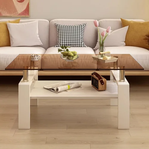 Miniatura 9 de Mesa de centro rectangular de vidrio para sala de estar, con mesa de vidrio templado y capa de MDF, para sala de estar y oficina