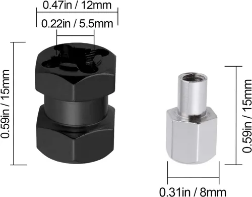 Miniatura 7 de Hobbypark - Paquete de 4 cubos de transmisión hexagonal de rueda de 0.472 in, acoplador combinador de aluminio, extensión de desplazamiento de 0.591