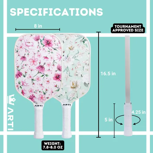 Miniatura 4 de ARTI Juego de 2 palas de pickleball aprobadas por USAPA, 2 raquetas de pickleball, 4 bolas y 1 bolsa de transporte portátil Flor Rosa Y Verde