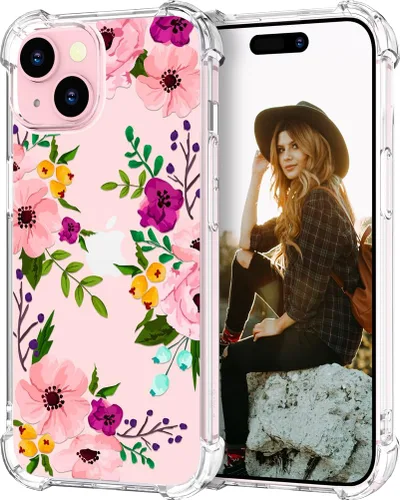 Miniatura 84 de Hungo Funda compatible con iPhone 15 Plus para mujer, diseño floral transparente, lindo, flor azul rosa Rosas Azules