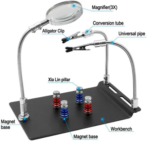 Miniatura 2 de Herramienta de lupa de soldadura de terceras manos de ayuda, clips de abrazadera de brazos flexibles FEITA con estación de lupa 3X, soporte