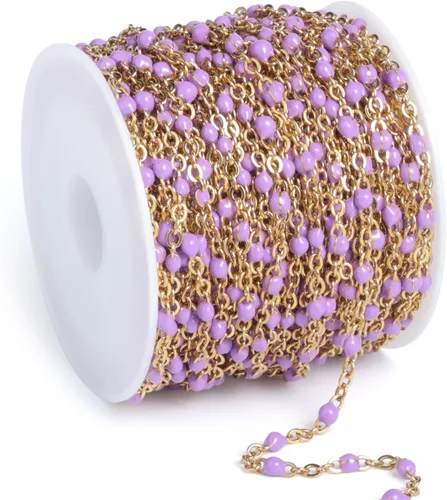 Miniatura 14 de Cadenas de esmalte dorado de 33 pies a granel, 2 mm, chapadas en oro de 18 quilates con PVD, acero inoxidable 304, cadena de eslabones con cuentas
