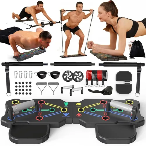 HOTWAVE Equipo de entrenamiento portátil con 20 accesorios de gimnasio, tabla de empuje y entrenador de tablones, bandas de resistencia con rueda