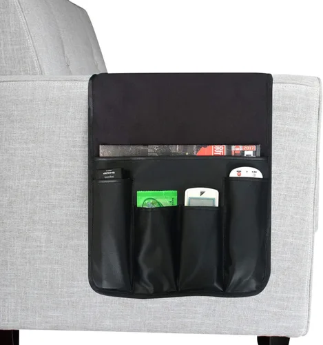 Miniatura 2 de Organizador de reposabrazos de cuero antideslizante para sofá, soporte remoto, sillón reclinable con 6 bolsillos para revistas, libros, control