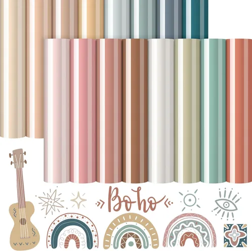 Whaline 16 hojas de vinilo de transferencia de calor de colores bohemios, varios colores, para planchar, multicolor, material adhesivo HTV para