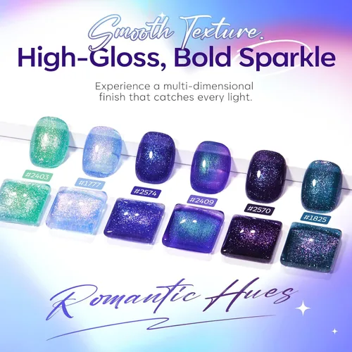 Miniatura 2 de modelones Juego de esmaltes de uñas de gel con purpurina, sin hema, 6 colores, Chameleon Aurora Shimmer Glitter Kit de esmalte de gel azul, verde