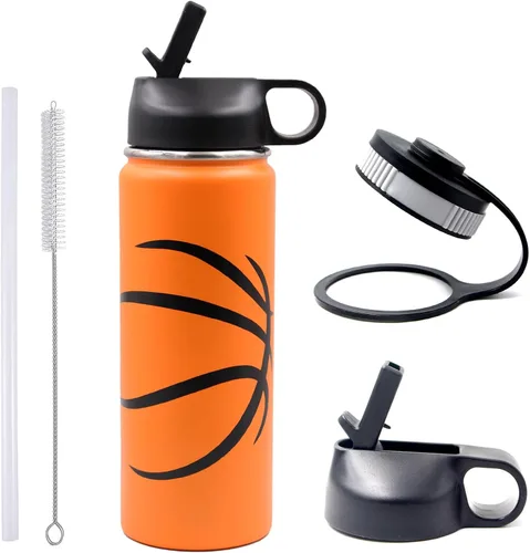 Miniatura 12 de Botella de agua de béisbol de 18 onzas, botella deportiva de boca ancha, vaso de viaje de metal con 2 tapas, botellas de agua aisladas al vacío