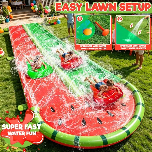 Miniatura 3 de Valla segura de 3 caras: toboganes de agua de césped de sandía con 2 tablas de bodyboards para niños y adultos, juguetes de agua resistentes