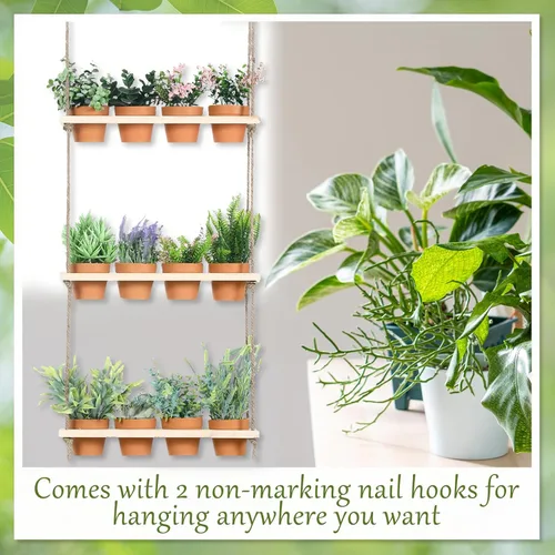 Miniatura 4 de FillTouch Macetas colgantes de hierbas de 3 niveles para colgar en la pared de jardín de hierbas con 12 piezas de maceta vertical de madera