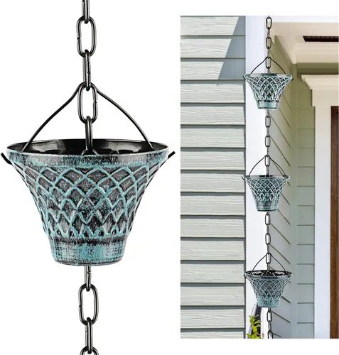 Miniatura 9 de Cadenas de lluvia para canaletas exteriores, atrapadores de lluvia, desviador de metal azul a cuadros decorativos para exteriores, 8.5 pies