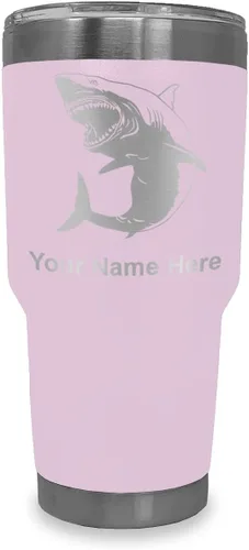 Miniatura 16 de LaserGram Vaso aislado al vacío de 20 onzas, gran tiburón blanco, grabado personalizado incluido (negro)