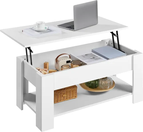 Miniatura 18 de Yaheetech Mesa de café de madera, mesa de centro con estante de almacenamiento oculto grande, mesa de comedor con superficie elevada para sala
