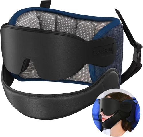 Miniatura 11 de SARISUN Almohadas de viaje para aviones con máscara de ojos para dormir, correa de barbilla, almohada de avión para vuelos largos, viaje por Azul