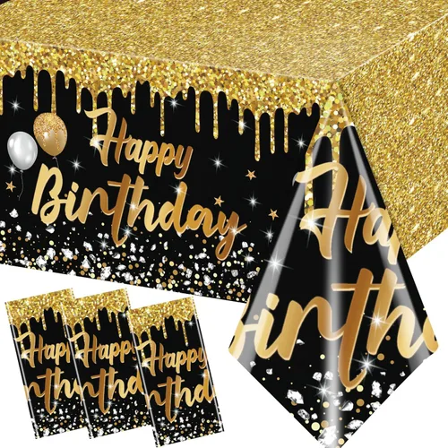Paquete de 3 Manteles de Feliz Cumpleaños Manteles Negros y Dorados Cubierta de Mesa de Plástico Mantel Rectangular de Cumpleaños para Mujeres