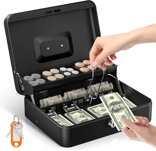 Uniclife Caja de efectivo con bandeja de dinero y cerradura, caja de dinero grande para caja registradora, caja de seguridad de metal con llave,