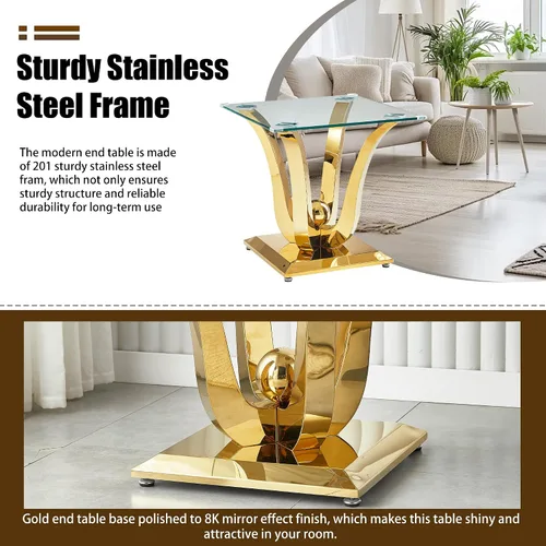 Miniatura 5 de Mesa auxiliar de cristal dorado, mesa auxiliar de lujo con base de acero inoxidable con acabado espejo y parte superior de vidrio templado, mesa