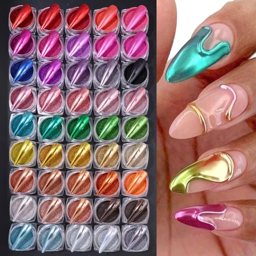 Polvo de uñas cromado, efecto espejo, 45 colores, cromado, oro, plata, láser, rojo, rosa, polvo metálico fino, pigmento iridiscente, decoración de