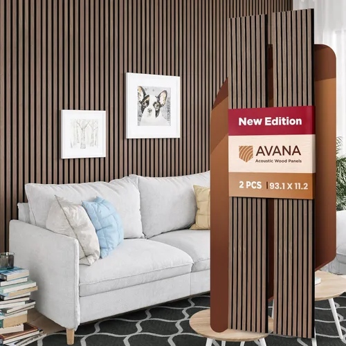Miniatura 12 de Avana Paneles de pared de madera acústica de 94.4 x 12.6 pulgadas, 2 piezas de paneles acústicos de roble negro, paneles de pared para decoración