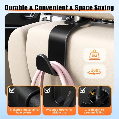 Miniatura 5 de Amooca Gancho para reposacabezas de asiento de automóvil, paquete de 4 unidades, organizador universal para bolso, bolso, abrigo, ajuste universal