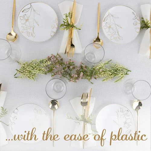 Miniatura 5 de Platos de 6 pulgadas, 40 unidades: platos de fiesta de plástico blanco con diseño floral y borde dorado, vajilla desechable elegante de peso pesado