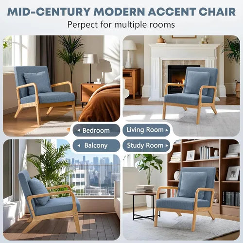 Miniatura 8 de ELUCHANG Silla decorativa moderna de mediados de siglo con almohada lumbar, sillón tapizado, tela de lino, cómoda silla auxiliar de lectura