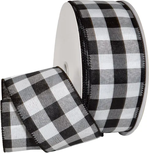 Morex Ribbon 7398.60/50-613 Cambridge - Cinta con cable de 2.5 pulgadas x 50 yardas, color blanco y negro, cinta a cuadros para envolver regalos,