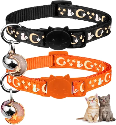 Baeuppit 2 piezas de collares separables para gatos con campana, lindos collares ajustables para gatitos que brillan en la oscuridad (naranja y