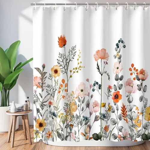 LIVILAN Cortinas de ducha florales para baño, cortina de ducha con flores, bonitas cortinas de ducha de tela, cortina de ducha con flores silvestres