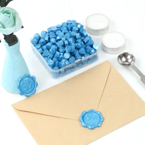 Miniatura 3 de Juego de 300 cuentas de cera de sellado azul cielo para sello de cera con velas y cuchara de fusión, perfecto para tarjetas de Navidad, sobres