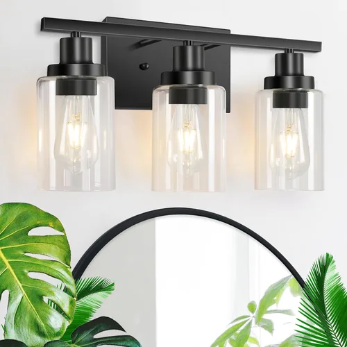 Miniatura 7 de Lámparas de pared doradas para baño de latón cepillado, lámparas de pared modernas de 3 luces con apliques de vidrio transparente, lámpara de pared