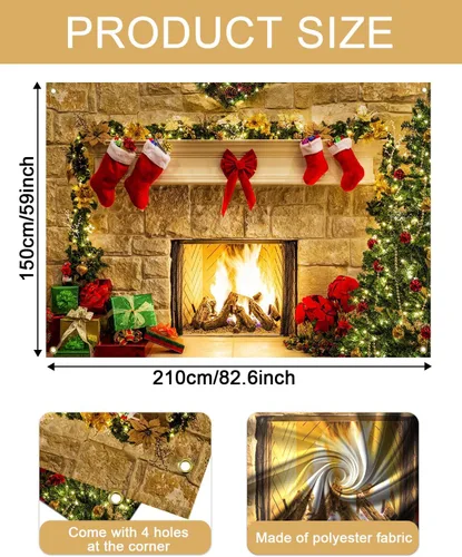 Miniatura 5 de Mocsicka Telón de fondo de chimenea de Navidad de 7 x 5 pies, caja de regalo de árbol de Navidad, botas rojas, fondo adornado, fondo de fotografía