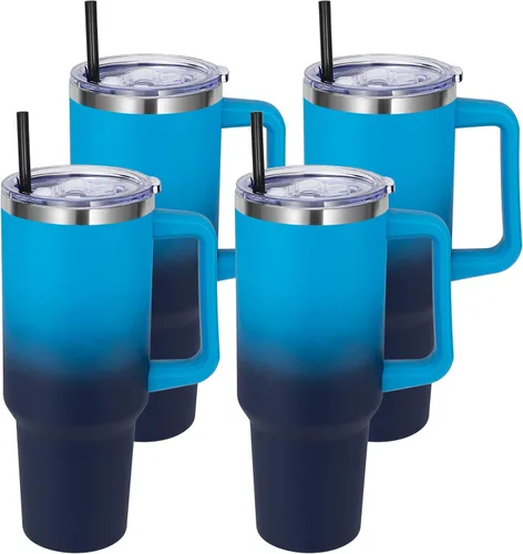 Miniatura 10 de DOMICARE Vaso de 40 oz con asa y pajita, vaso de acero inoxidable con tapa y pajita, reutilizable, aislado al vacío, taza para café de viaje