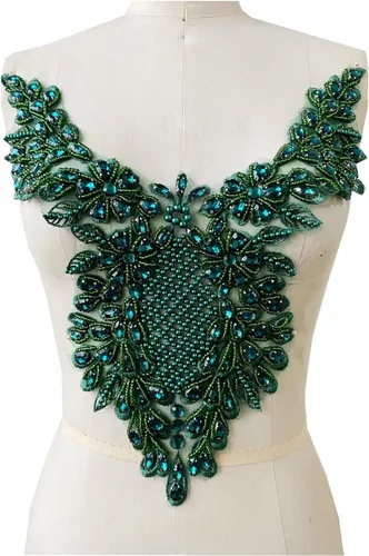 Miniatura 2 de Apliques de encaje hechos a mano con diamantes de imitación para coser a mano, parches para ropa de vestir, falda y escote (verde profundo)