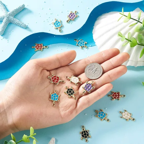 Miniatura 5 de Craftdady 40 dijes de eslabones de metal de tortuga, tortuga marina, aleación esmaltada, colgantes, dijes colgantes de animales dorados claros