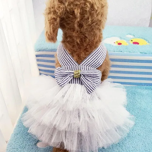 Miniatura 10 de Vestidos para Perros, Ropa de Mascota a la Moda, Vestidos de Princesa para Cachorros con Rayas y Malla (Azul, XS)