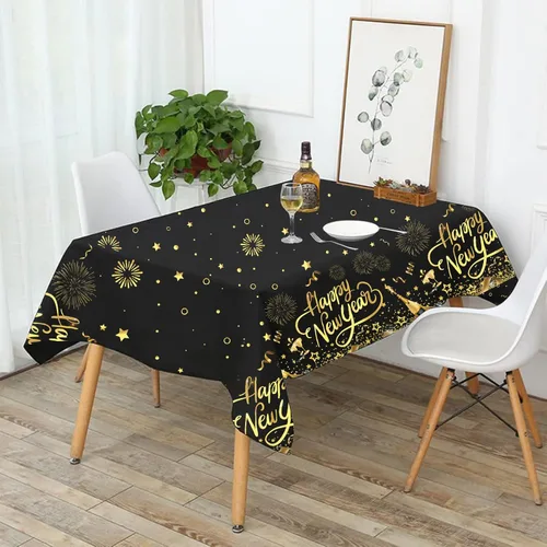 Miniatura 5 de HOWAF Paquete de 3 manteles de decoración de fiesta de Año Nuevo, mantel de feliz año nuevo negro y dorado para suministros de fiesta de Noticias