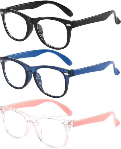FANNYGO Paquete de 3 gafas de bloqueo de luz azul para niños, gafas de lectura para computadora para niños y niñas de 3 a 9 años (negro + azul Negro