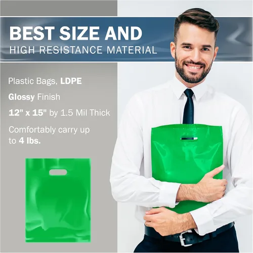 Miniatura 3 de PPB - Bolsas de plástico verde para mercancía de 12 x 15 pulgadas, acabado brillante, tamaño mediano al por menor, paquete de 100 unidades, 1.5 mil