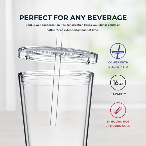 Miniatura 6 de Maars - Vaso transparente clásico con tapa y pajilla, acrílico prémium de 16 onzas, vasos reutilizables de plástico de doble pared con aislamiento
