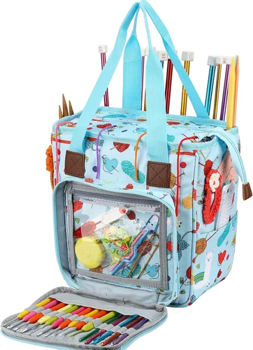 Miniatura 15 de Bolsa de almacenamiento de hilo para tejer, organizador de ganchillo de gran capacidad, bolsa de viaje portátil con correa para el hombro, estuche