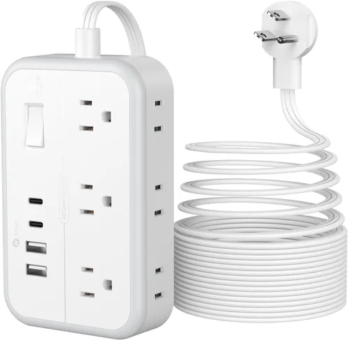 Miniatura 11 de Regleta de alimentación NTONPOWER con cable de extensión plano de 25 pies, con 6 salidas y 4 puertos USB (2 USB C), enchufe plano, múltiples Blanco
