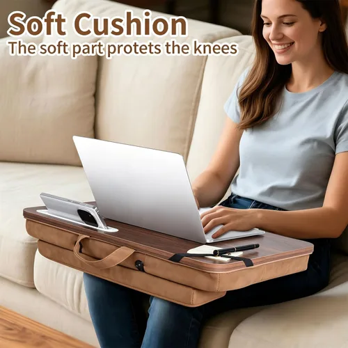 Miniatura 5 de Wooden Lap Desk with Handle, Natural Wood Grain Finish, Portable Laptop Table with pohone Slots