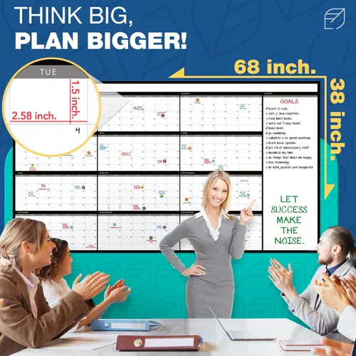 Miniatura 3 de Calendario grande de borrado en seco para pared, 38 x 68 pulgadas, sin fecha, anual, reutilizable, año completo de 12 meses, incluye marcadores