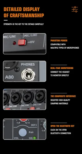 Miniatura 7 de A-Series Mezclador Profesional para Grabación de Música de DJ, Escenario, Karaoke con 99 Efectos DSP, Unidad USB para Entrada de Grabación