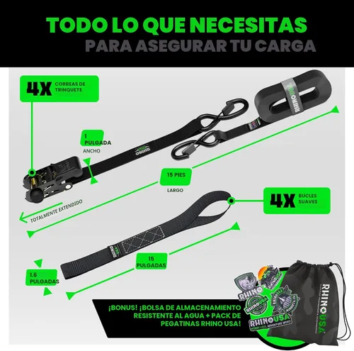 Miniatura 5 de Rhino USA - Correas de trinquete de amarre (4), 1 pulgada x 15 pies (resistencia 1823 libras), con ganchos en S de seguridad, alta calidad para Negro